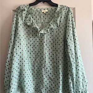 Kori Sage Green Polka Dot Ruffle V-Neck Blouse Large